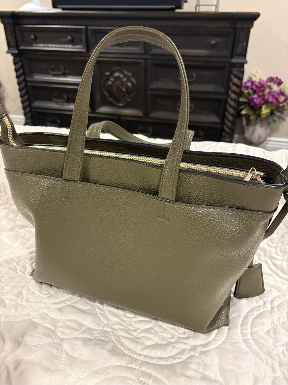 Classic Olive Pebbled Faux Leather Tote with Zip Top